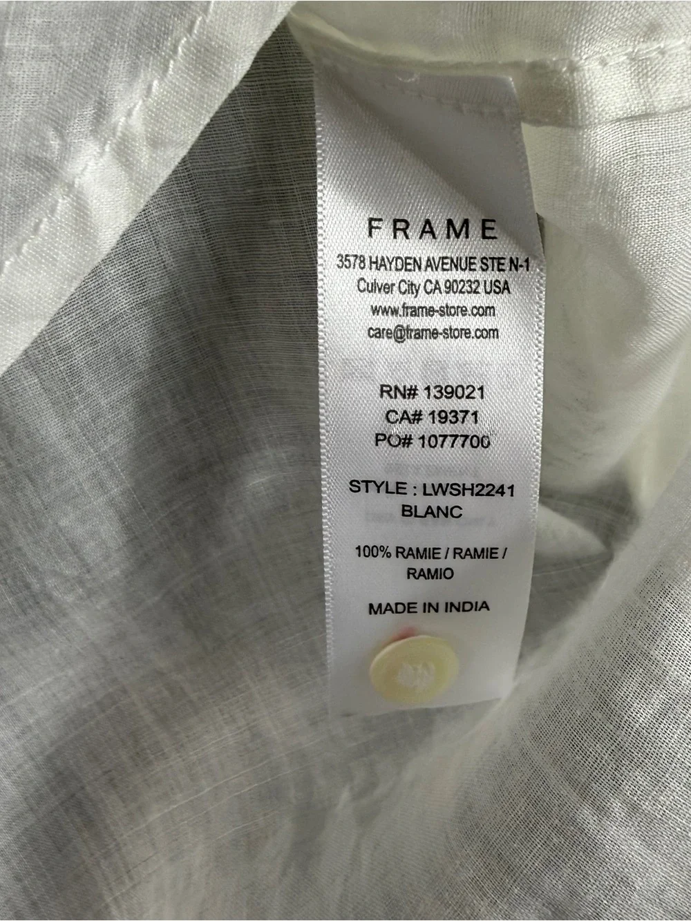 FRAME Ruffled Blouse Lauren White Ramie Gauze Size M Sheer Long Sleeve Top